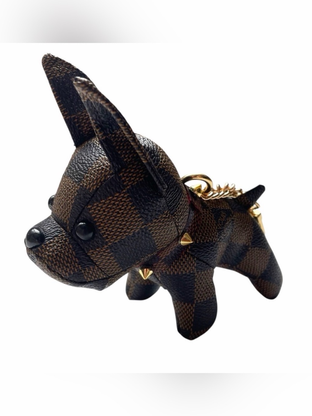 Brown Check Faux-Leather Dog Charm Keychain with Gold Studs